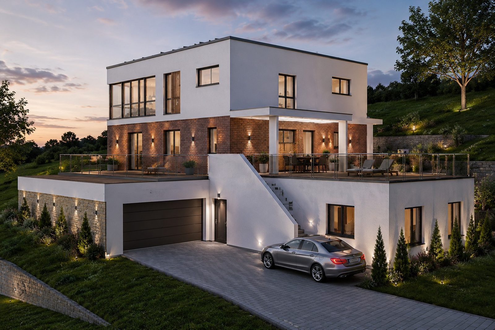 Von Interbauprojekt realisierter Neubau eines modernen Einfamilienhauses in der Abenddämmerung.